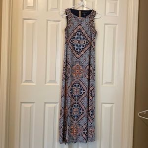 maxi dress by Joan Vass oranges and blues